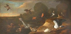 A Goose With Goslings, Curlews, And Other Marsh And Moorland Birds — Francis Barlow