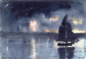 Sailboat And Fourth Of July Fireworks — Winslow Homer