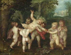 Putti Enacting A Bacchanalian Scene — Otto Van Veen