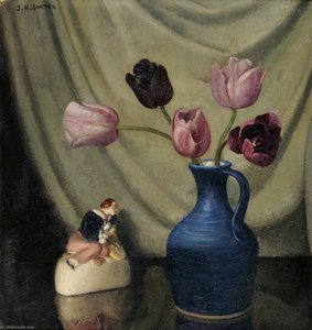 Still Life With Purple Tulips And A Figurine — John Bulloch Souter
