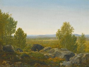A Rocky Outcrop With Deer, An Extensive Landscape Beyond — Joseph Pierre Xavier Bidauld