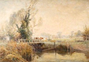 Bridge Over The Frome With Hatches And Cows, Cottage In The Distance — Frederick William Newton Whitehead