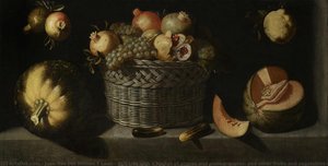 Still Life With A Basket Of Grapes And Pomegranates, And Other Fruits And Vegetables On A Ledge — Juan Van Der Hamen Y Leon