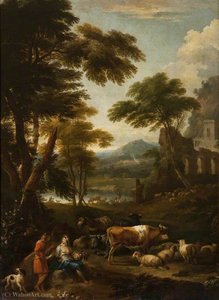 A Wooded Landscape With Figures — Jan Frans Van Bloemen