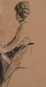 Woman Sitting In Profile Head From Back, Hair Tied Back, With Both Hands She Holds One Knee, Dark Ribbon Around The Neck — Eugenia Belín Sarmiento