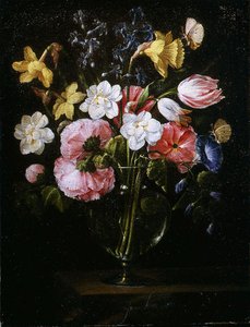 Roses, Clematis, A Tulip And Other Flowers In A Glass Vase On A Wooden Ledge With A Butterfly — Juan De Arellano