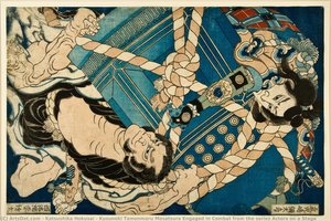 Kusunoki Tamonmaru Masatsura Engaged In Combat From The Series Actors On A Stage — 葛飾北斎 (katsushika Hokusai)