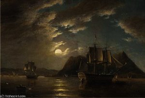 H.m.s. Minden 74, Off Gibraltar, Moonlight — John Wilson Carmichael