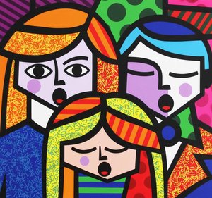Chromatische Konvergenz Von Drei Gesichtern In Einer Lebendigen Pop-art-sinfonie
