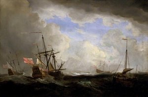 An English Ship And A Hoeker At Sea In A Gale With Other Ships — Willem Van De Velde The Younger