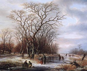 Scaters On Frozen Canal Sun — Andreas Schelfhout