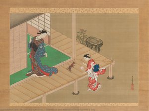 Courtesan And Attendant Playing With A Dog — Nishikawa Sukenobu