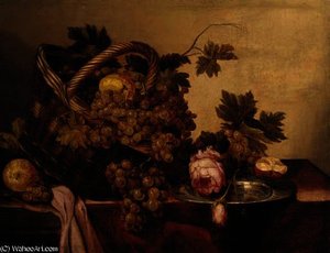 A Basket Of Grapes And Apples, With Roses And A Pewter Plate On A Table — Abraham Hendricksz. Van Beyeren