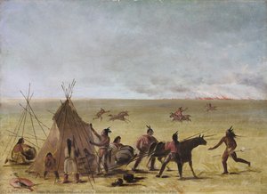 Indigene Familie Alarmiert Durch Das Herannahen Eines Präriefeuers — George Catlin