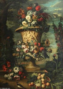 An Urn Filled And Garlanded With Summer Flowers And Autumn Fruit — Jean Baptiste Monnoyer