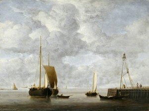 A Dutch Hoeker At Anchor Near A Pier — Willem Van De Velde The Elder