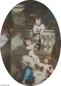 Three Young Girls On A Terrace With A Dog — Daniel Gardner