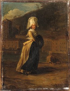 'la Coquette' - A Lady Walking By A River, A Town Beyond; And 'la Travailleuse' — Henri Pierre Danloux