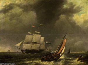 A Frigat Under Sail By A Coast — Johannes Hermanus Koekkoek