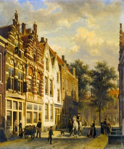 Figures In The Sunlit Streets Of A Dutch Town — Cornelis Springer
