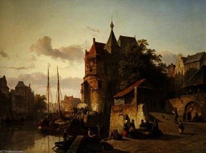 Fortified Buildings On The Banks Of A Canal — Cornelis Springer