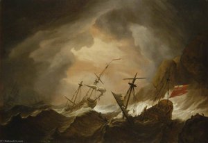 Two English Ships Wrecked In A Storm On A Rocky Coast — Willem Van De Velde The Elder