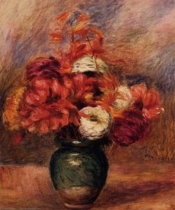 Flowers In A Green Vase Dahlilas And Asters — Pierre-auguste Renoir