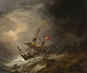 A Mediterranean Brigantine Drifting Onto A Rocky Coast In A Storm — Willem Van De Velde The Elder