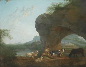 Italianate Landscape With A Herdsman And Three Sheep And Two Cows Under A Rock Arch — Benjamin Barker Ii
