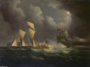 A Smuggling Lugger Chased By A Naval Brig — Thomas Buttersworth