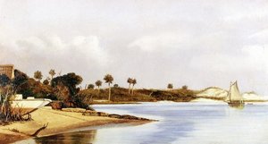 Florida Beach Scene With Beached Boat And Sailboat In Water — William Aiken Walker