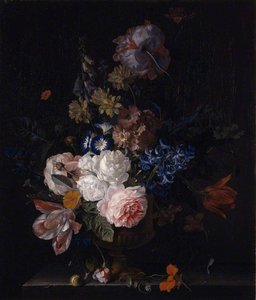Still Life With Roses, Tulips, Hyacinths And Other Flowers In A Classical Urn — Jan Van Huysum