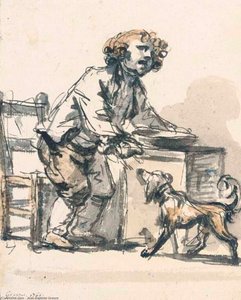 A Boy Standing At A Table Feeding A Dog With A Spoon — Jean-baptiste Greuze