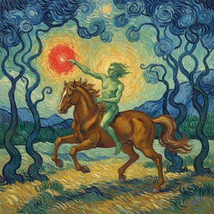 Celestial Ascent: The Crimson Radiance In Ochre And Indigo — Marc Duvallier