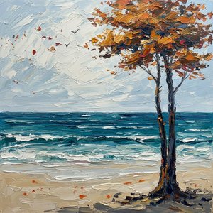 Ethereal Shoreline: A Sculptural Study Of Ochre Foliage And Cerulean Tides — Christian Noiret