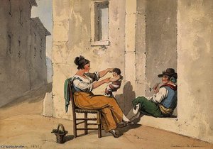 Alley With A Family In Front Of House In Rome — Bartolomeo Pinelli