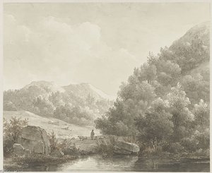 Mountain Landscape With Stream, Shepherd And Sheep — Andreas Schelfhout