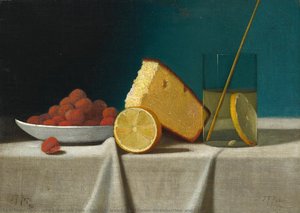 Still Life With Cake, Lemon, Strawberries, And Glass — John Frederick Peto