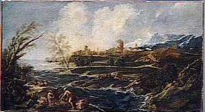 Paysage Avec Un Homme Remuant Un Tonneau Au Bord Du Rivage — Alessandro Magnasco