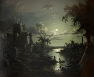 Moonlit River Landscape With A Castle, A Windmill, And Boatmen — Sebastian Pether