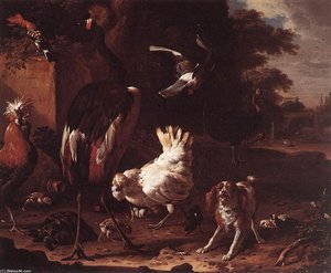 Birds And A Spaniel In A Garden — Melchior De Hondecoetter