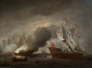 A Row Galley On Fire — Willem Van De Velde The Elder