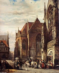 Many Figures On The Market Square In Front Of The Martinikirche, Braunschweig — Cornelis Springer