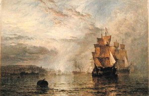 Shipping Becalmed In An Estuary At Evening — Henry Thomas Dawson