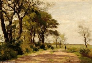 Strolling Figures On A Country Road Lined With Trees — Julius Jacobus Van De Sande Bakhuyzen