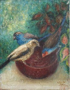 Three Garden Birds On A Red Bowl — Georges Van Houten