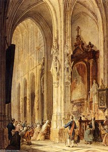A Church Interior With People Attending Mass — Johannes Bosboom