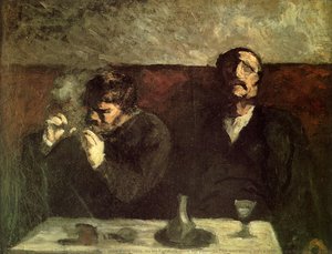 Deux Hommes Assis À Une Table, Ou Les Fumeurs, Huile Sur Panneau Two Men Sitting With A Table, Or The Smokers, Oils On Panel — Honoré Daumier