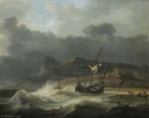 A Mountainous Coastal Landscape With A Ship Beached In A Storm, Figures Gathering Cargo To The Right — Aernout Smit