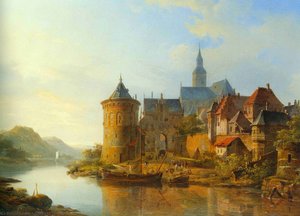 A View Of A Town Along The Rhine — Cornelis Springer